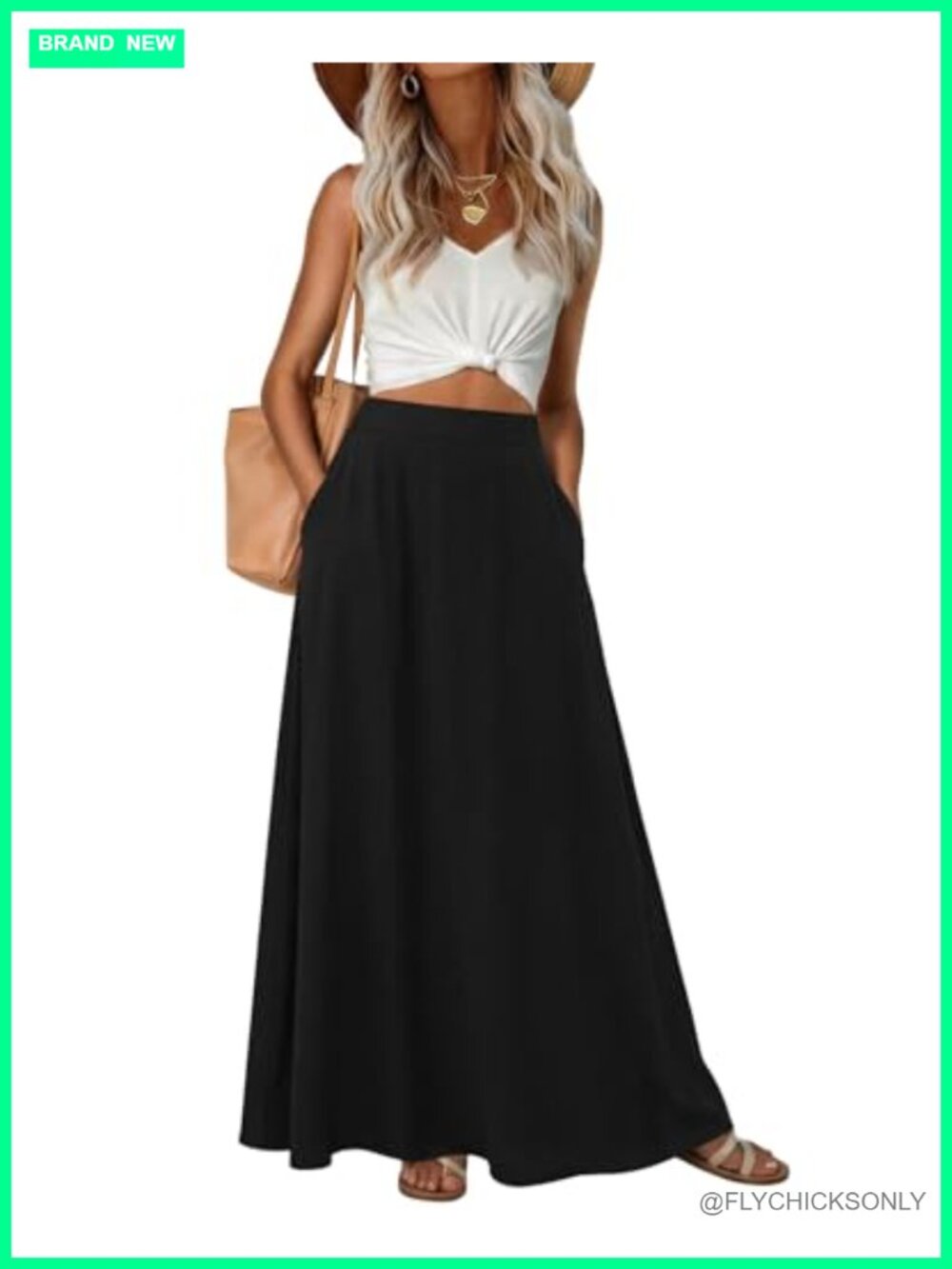 Chiffon A-Line Maxi Skirt High Waist Elastic Flowy with Pockets
